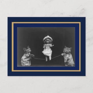 Postkarte Vintage Katzen und Puppen Skifahren