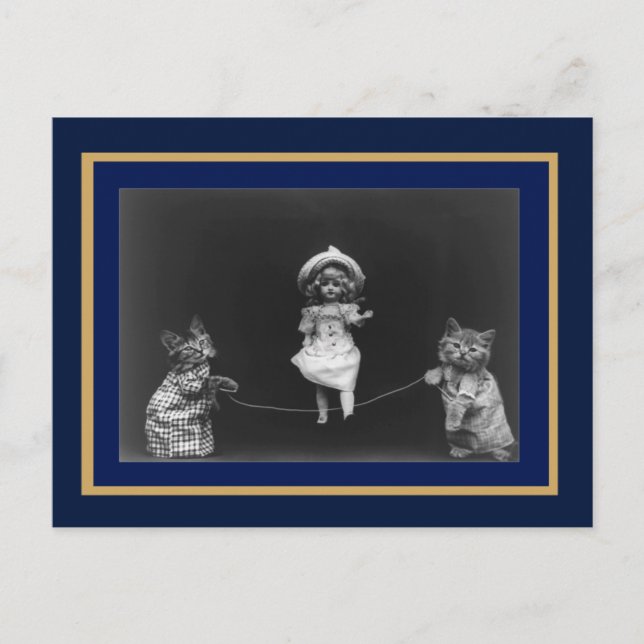 Postkarte Vintage Katzen und Puppen Skifahren (Vorderseite)