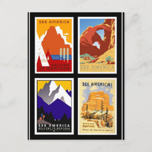 Postkarte Vintage Reise Amerika sehen 4 Drucke