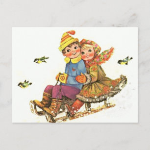 Postkarte Vintage Winter Schlittenfahrt