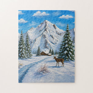 Postkarte vom schneebedeckten Bergtal Puzzle