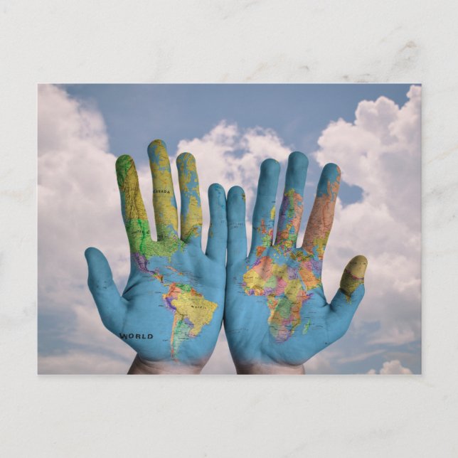 Postkarte "Welt in den Händen" (Vorderseite)