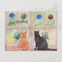 POSTKARTE Zwei Katzen am Fenster Stille Blumen