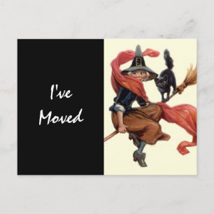 Postkarten-Vintage Hexe auf Besen bewegte neue Ankündigungspostkarte