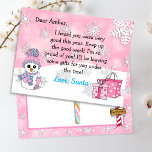 Postkarten vom Santa: Niedlicher Schneemann<br><div class="desc">Hübsche Schneeflocken,  niedlicher Schneemann und ein festlicher personalisierter Brief des Weihnachtsmannes. Der Rücken hat einen Ort,  wo Ihr Kind seine Wunschliste schreiben kann.</div>