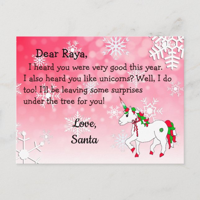 Postkarten vom Weihnachtsmann: Rote Einhorn in Wei (Vorderseite)