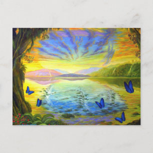 Postkartenlandschaft mit Schmetterlingen und Fluss Postkarte