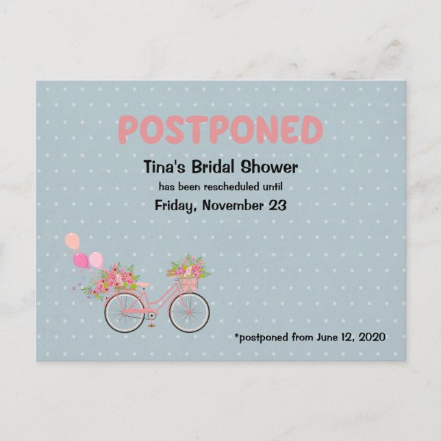 POSTPONED Brautparty Bike und floraler Polka Dot Einladungspostkarte (Vorderseite)