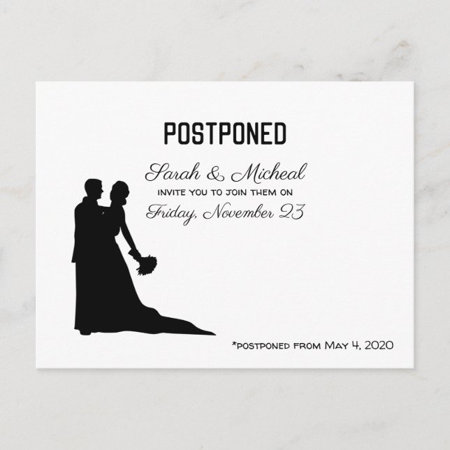 POSTPONED Wedding Date Black and White Silhouette Einladungspostkarte (Vorderseite)