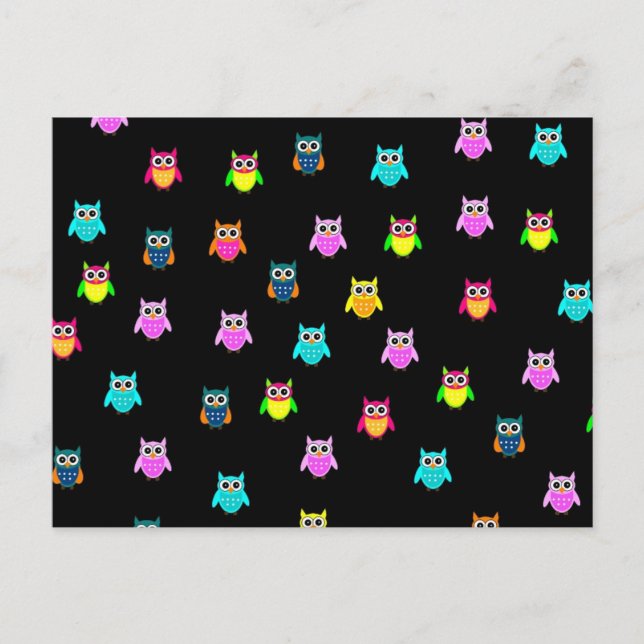 Postschwarz mit bunten Eulen Postkarte (Vorderseite)