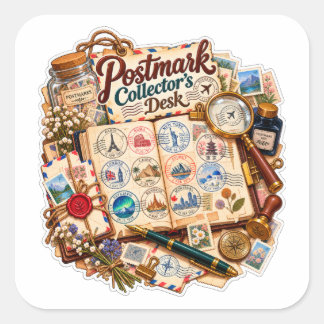 Poststempel-Sammler-Schreibtisch – Vintage-Briefma Quadratischer Aufkleber