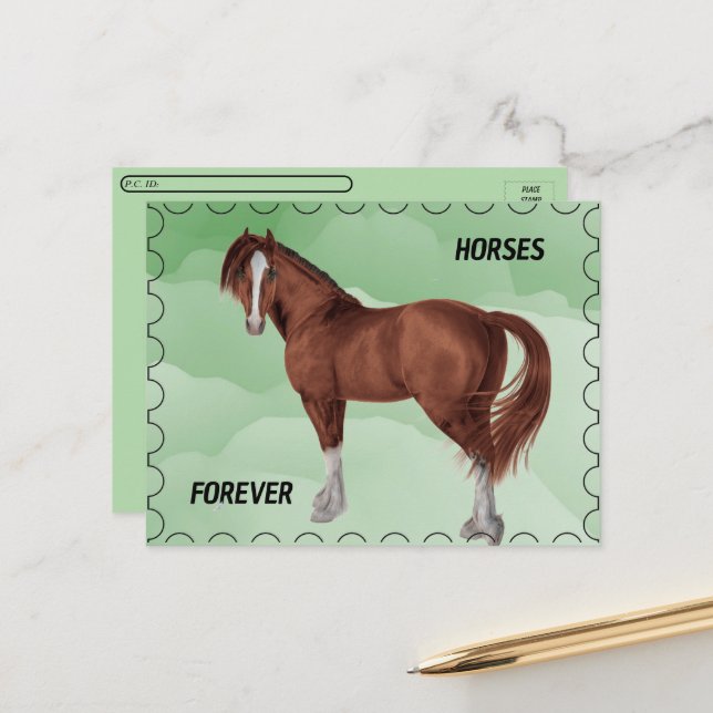 Postüberquerung - Braunes Pferd mit Postage-Look Postkarte (Vorderseite/Rückseite Beispiel)