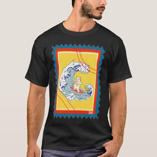 Postwertzeichen-Surfer-Surfkatze T-Shirt (Vorderseite)