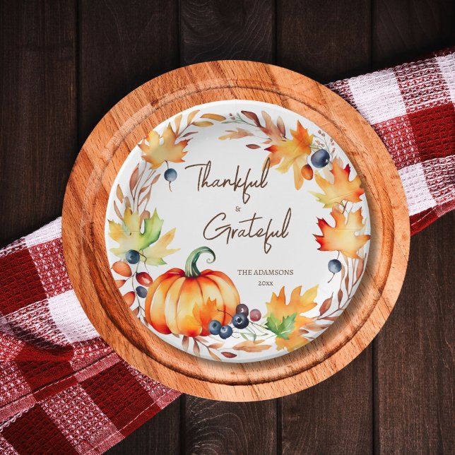 Pot Luck Erntedank Dinner Party Geschirr Pappteller (Thanksgiving pot luck thankful grateful party tableware personalized plates watercolor wreath pumpki)