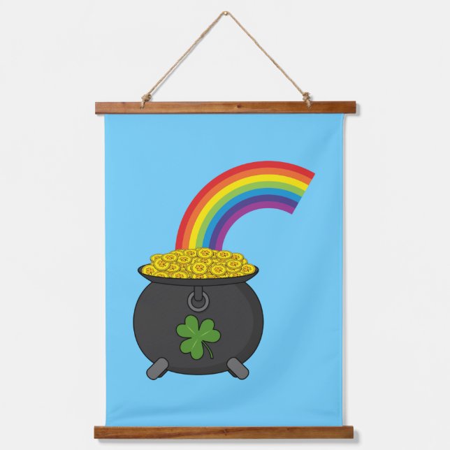 Pot of Gold Rainbow Cartoon Wandteppich Mit Holzrahmen (Vorderseite)