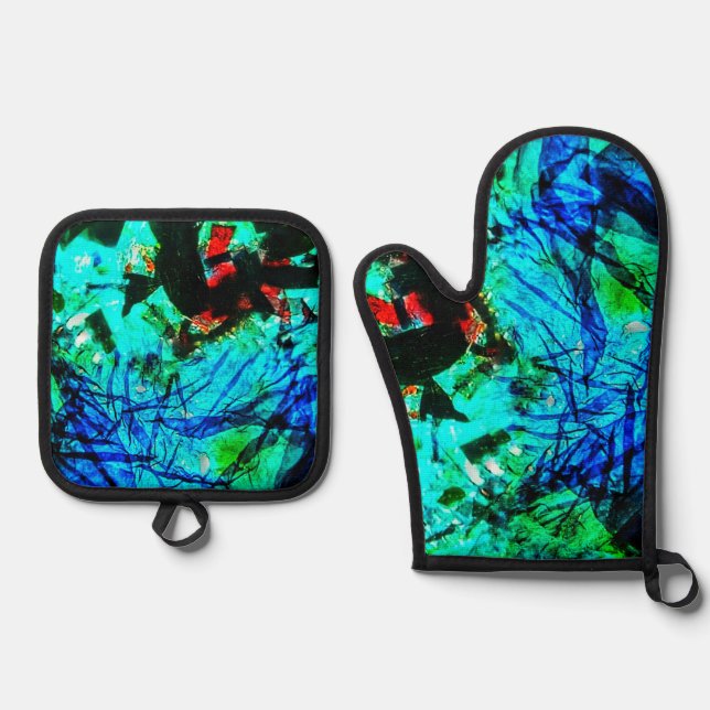 Pothalter und Ofen Mitt blau abstrakt Ofenhandschuh & Topflappen-Set (Vorderseite)