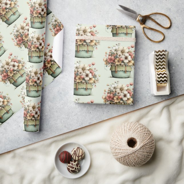 Potted Flowers Cozy Shabby Cute Pattern Geschenkpapier (Kunsthandwerk)