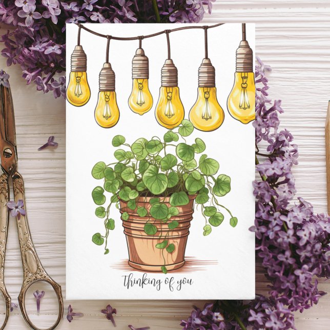 Potted Pflanze mit Garden String Lights Dankeskarte (Cue leafy plant with garden bulbs on a customizable greeting card.  Illustrations inside. )