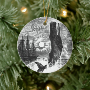 Pottwal durchbricht die Wasseroberfläche, Vintage Keramik Ornament