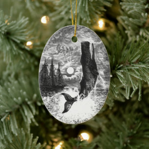 Pottwal springt aus dem Wasser, Vintage Meereslebe Keramik Ornament