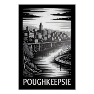Poughkeepsie New York Skyline Schwarz Weiß Holzsch Poster