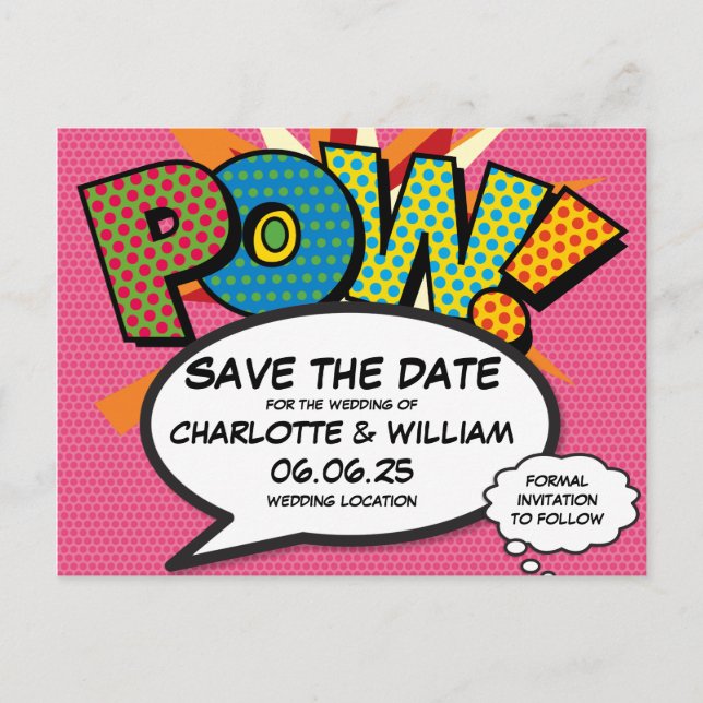 POW Save the Date Spaß Retro Comic Pop Kunst Ankündigungspostkarte (Vorderseite)