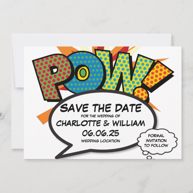 POW Save the Date Spaß Retro Comic Pop Kunst Einladung (Vorderseite)
