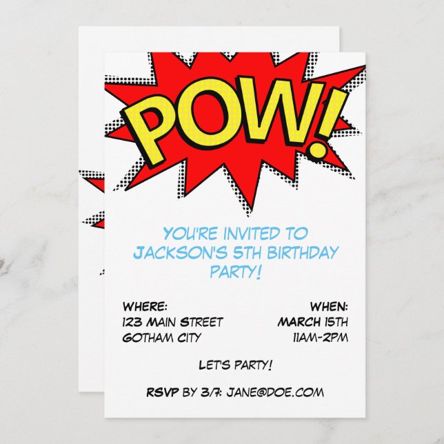 POW! Superhero Comic Book Birthday Party Template Einladung (Vorne/Hinten)