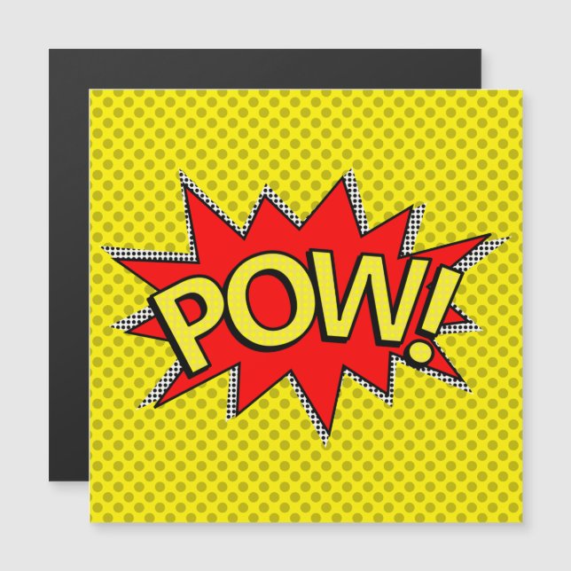 POW! Superhero Comic Buch Gelbe Magnetkarte Magneteinladung (Vorne/Hinten)