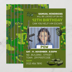 POW, War Themed Esroom, Birthday Party Einladung