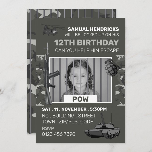 POW, War Themed Esroom, Birthday Party Einladung (Vorne/Hinten)