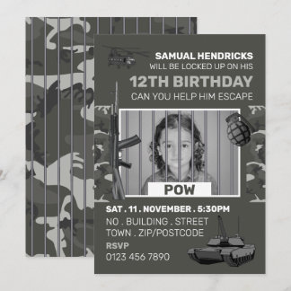 POW, War Themed Esroom, Birthday Party Einladung