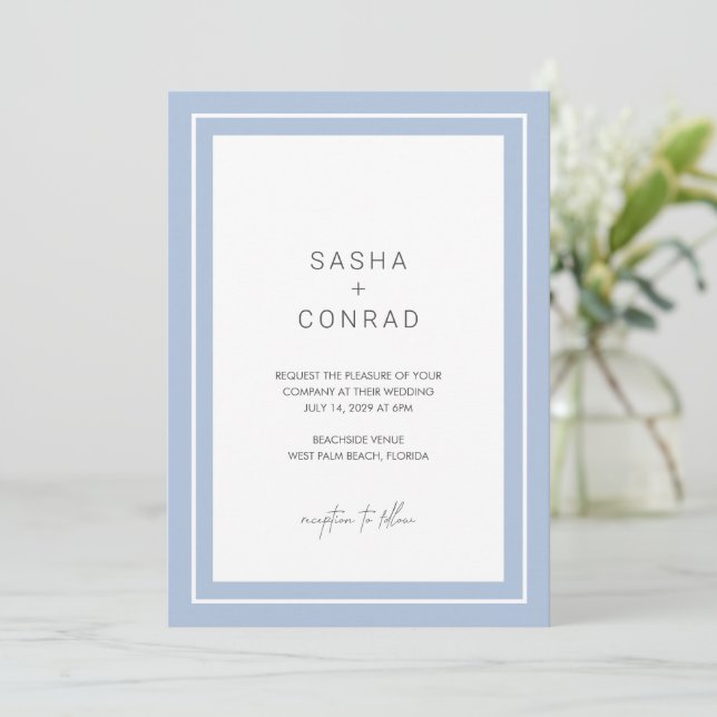 Powder Blue Bold Border Moderne Hochzeit Einladung (Stehend Vorderseite)