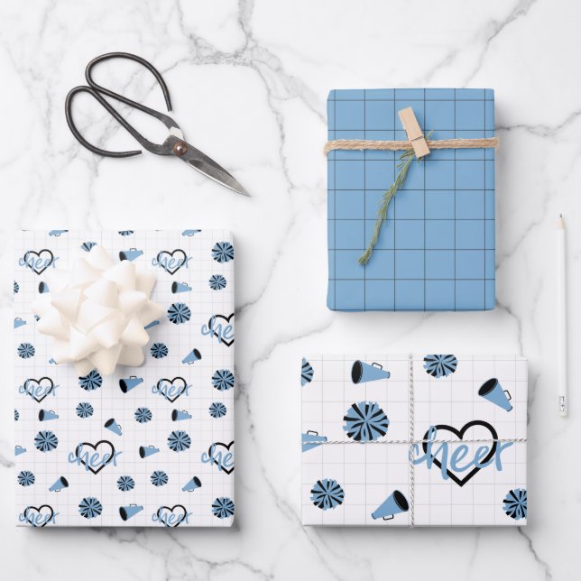 Powder Blue Cheer Hearts, Pom Poms, Megaphon Geschenkpapier Set (Vorderseite)
