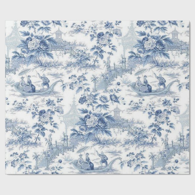 Powder Blue Chinoiserie Toile Geschenkpapier (Flach)