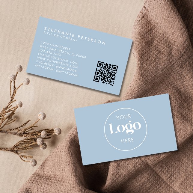 Powder Blue Elegant Custom Company Logo QR Code Visitenkarte (Von Creator hochgeladen)