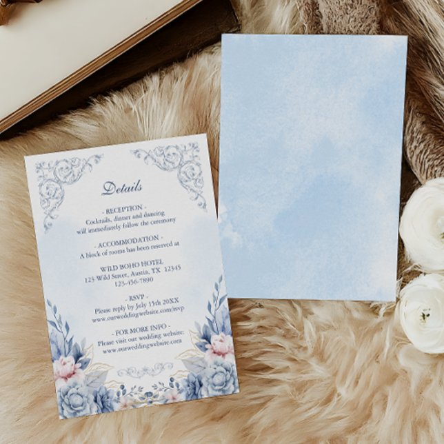 Powder Blue Floral Wedding Details Begleitkarte (Von Creator hochgeladen)