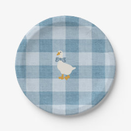 Powder Blue Gingham Goose Baby Shower Check Pappteller
