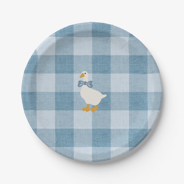 Powder Blue Gingham Goose Baby Shower Check Pappteller (Vorderseite)