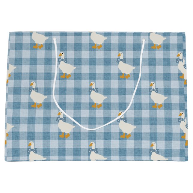 Powder Blue Gingham Goose Linen Texture Große Geschenktüte (Vorderseite)