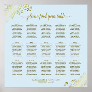 Powder Blue & Gold 15 Table Wedding Seating Chart Poster