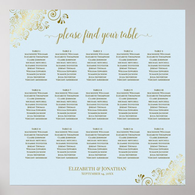 Powder Blue & Gold 15 Table Wedding Seating Chart Poster (Vorne)