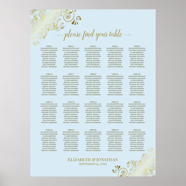 Powder Blue & Gold 20 Table Wedding Seating Chart Poster (Vorne)