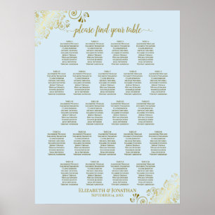 Powder Blue & Gold 22 Table Wedding Seating Chart Poster