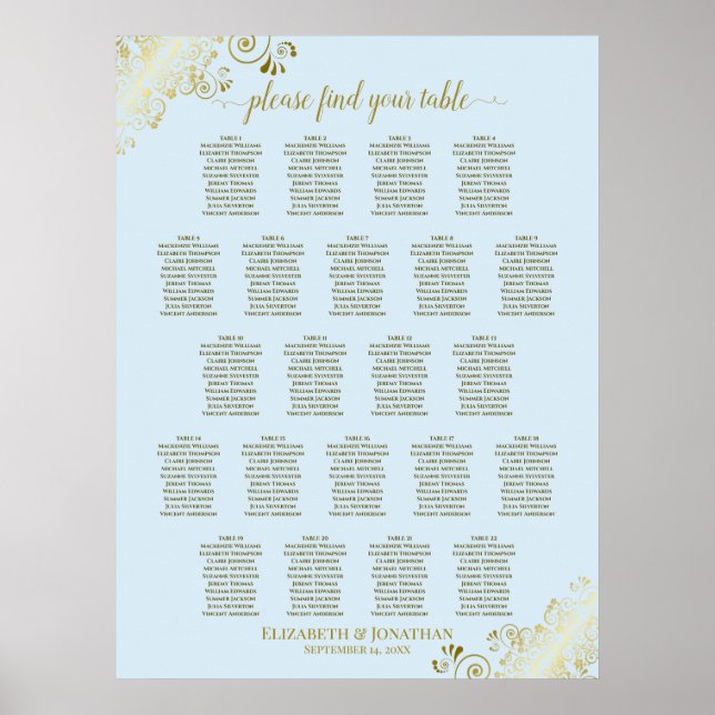 Powder Blue & Gold 22 Table Wedding Seating Chart Poster (Vorne)