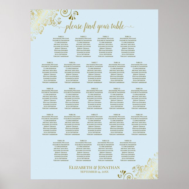 Powder Blue & Gold 23 Table Wedding Seating Chart Poster (Vorne)
