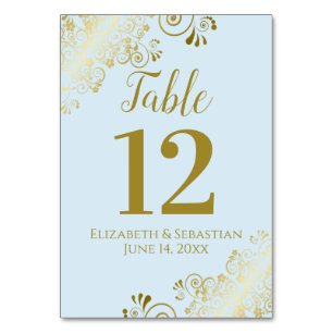 Powder Blue & Gold Lace Elegante Frilly Wedding Tischnummer