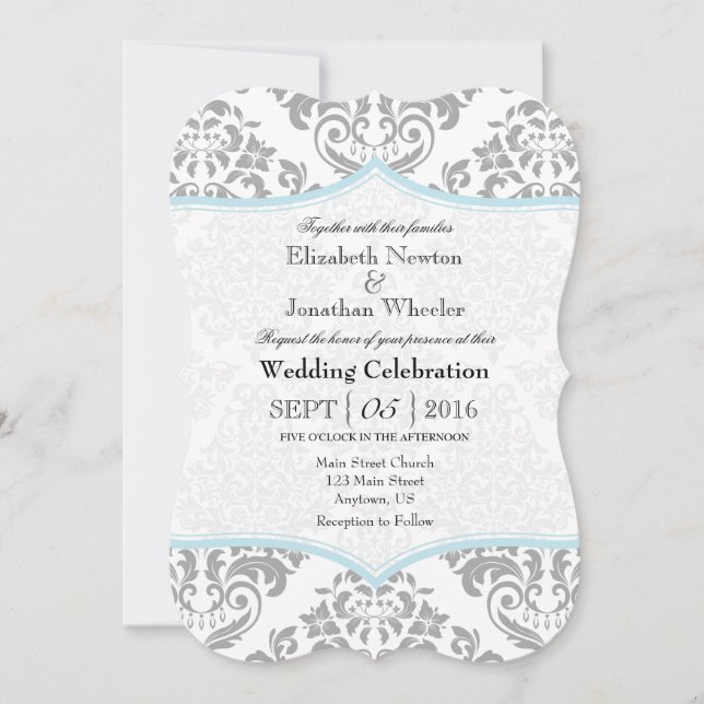 Powder Blue Grey Damask Bracket Wedite Einladung (Vorderseite)