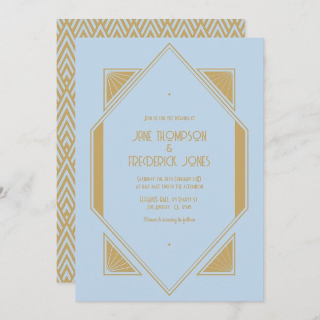 Powder Blue & Metallic Gold Art Deco Wedding Photo Einladung (Vorne/Hinten)