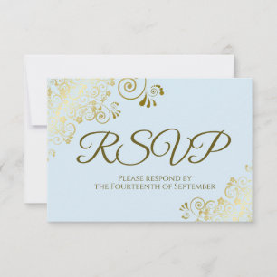 Powder Blue mit elegantem Gold Lace Frilly Wedding RSVP Karte